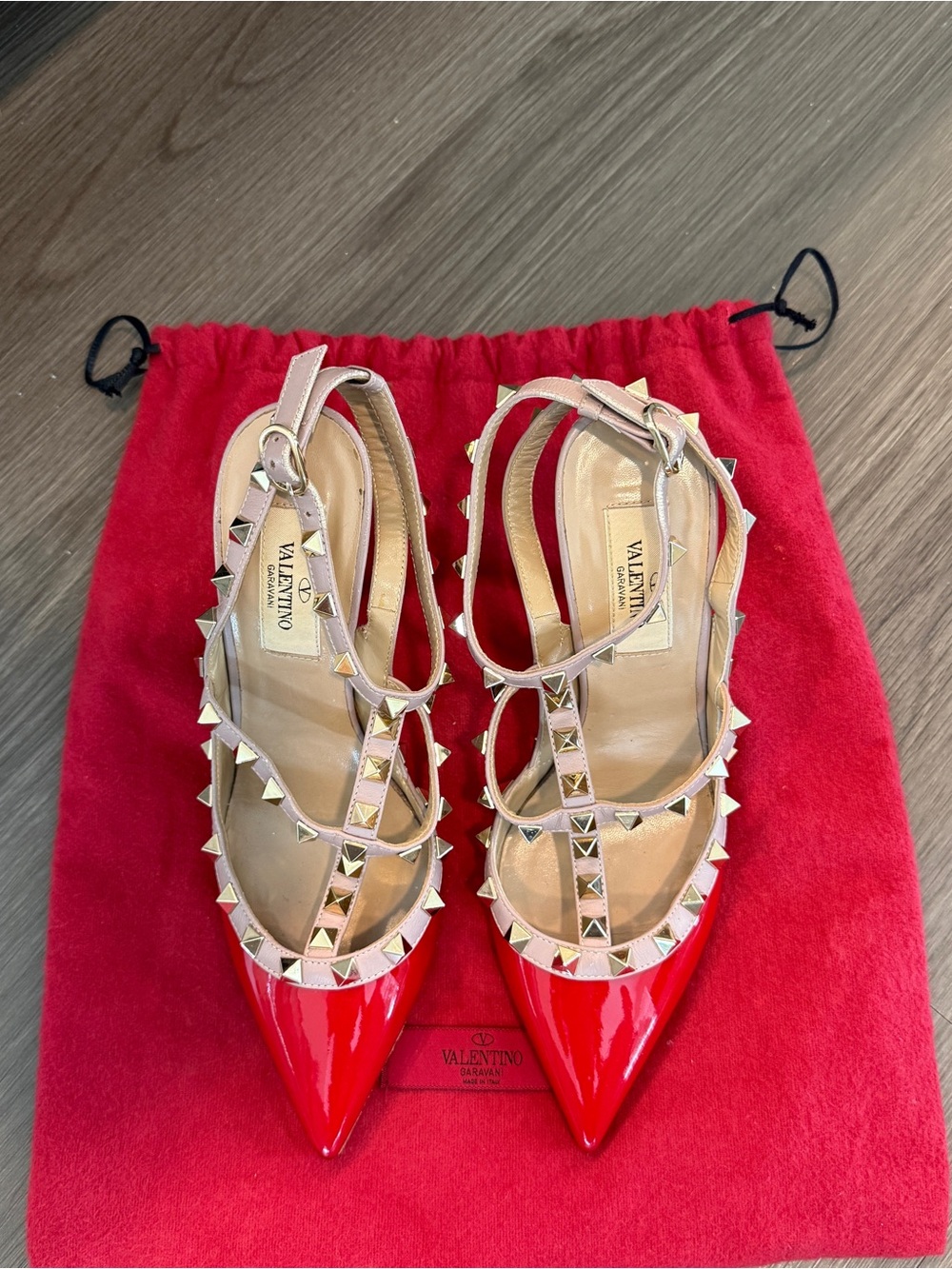 Valentino Red Patent Rockstud Pointed-Toe Slingbacks with Nude Straps